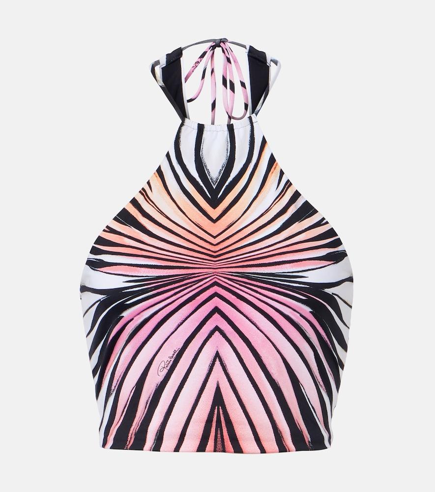 roberto cavalli printed halterneck mesh crop top