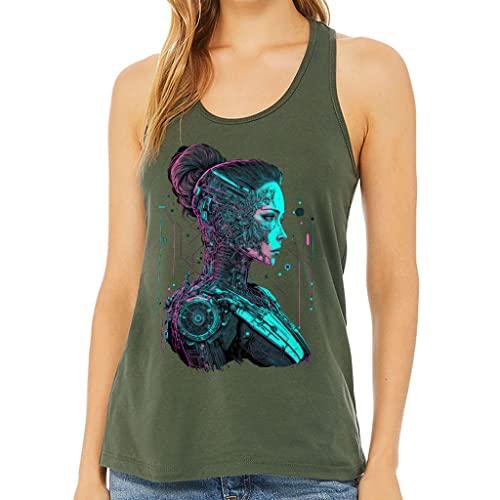robot print women's racerback tank - cool tank top - beautiful workout tank - military green, xl