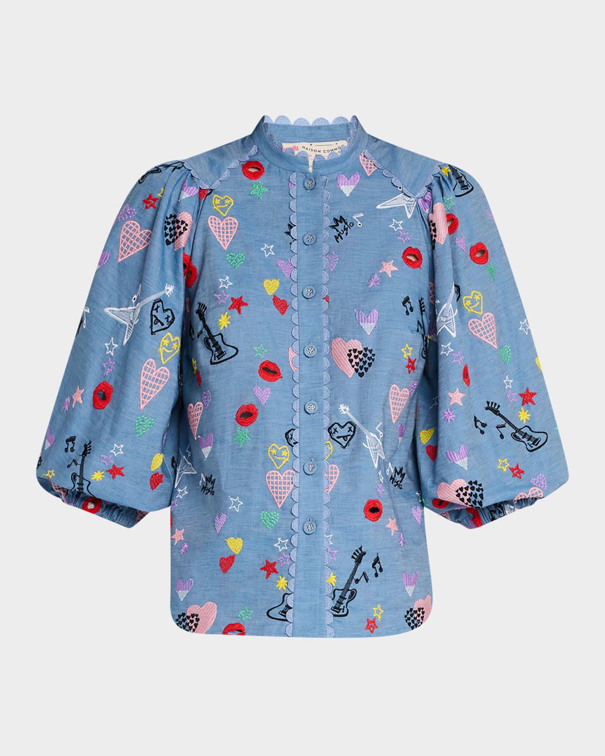 rock and romance embroidered balloon-sleeve shirt