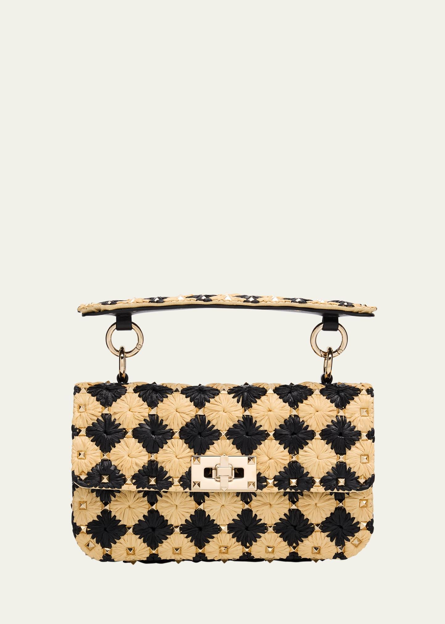 rockstud checkered woven top-handle bag