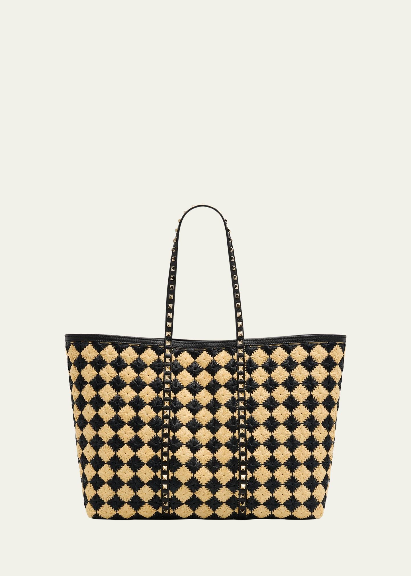rockstud embroidered raffia shopping tote bag