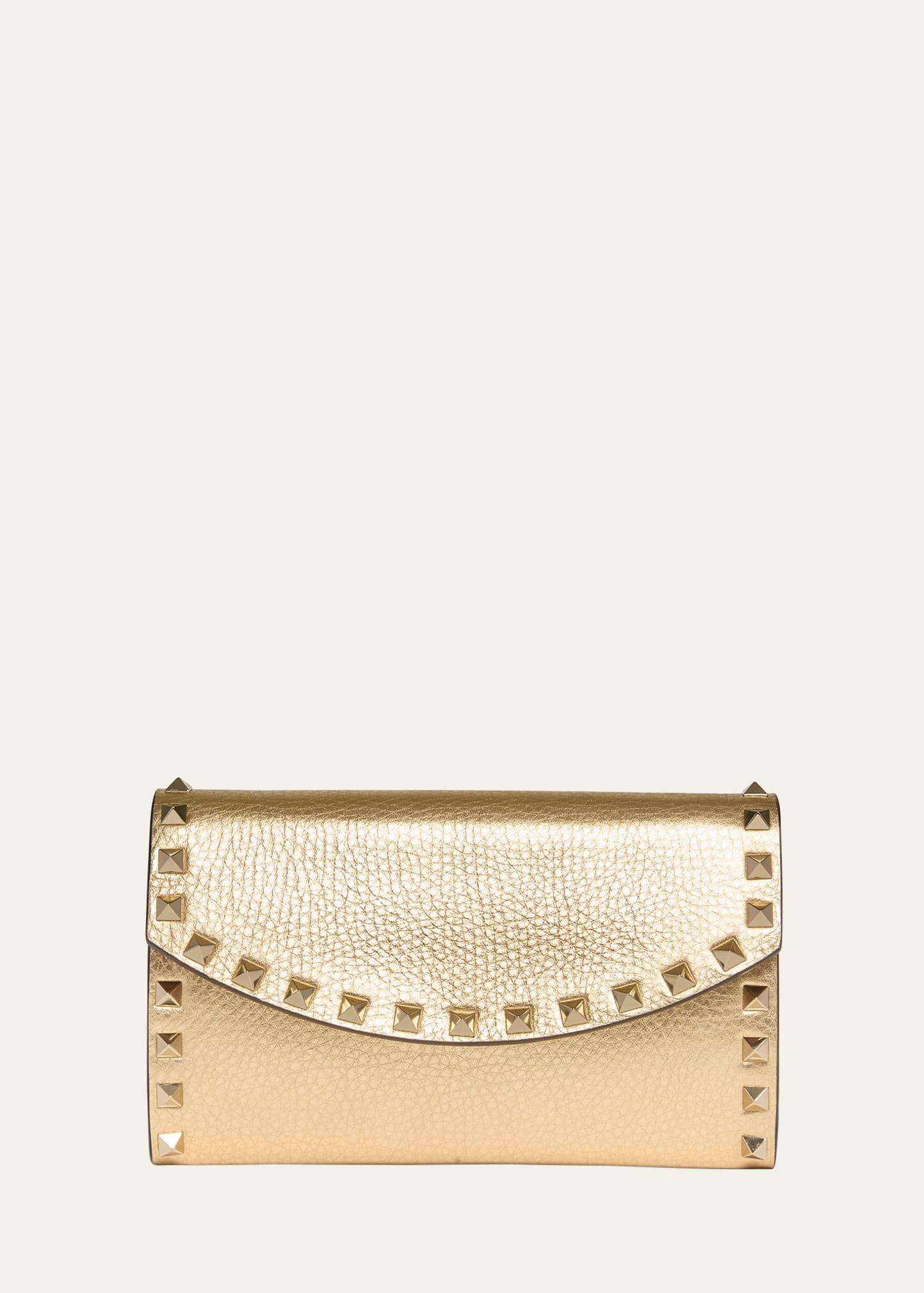 rockstud metallic leather wallet on chain