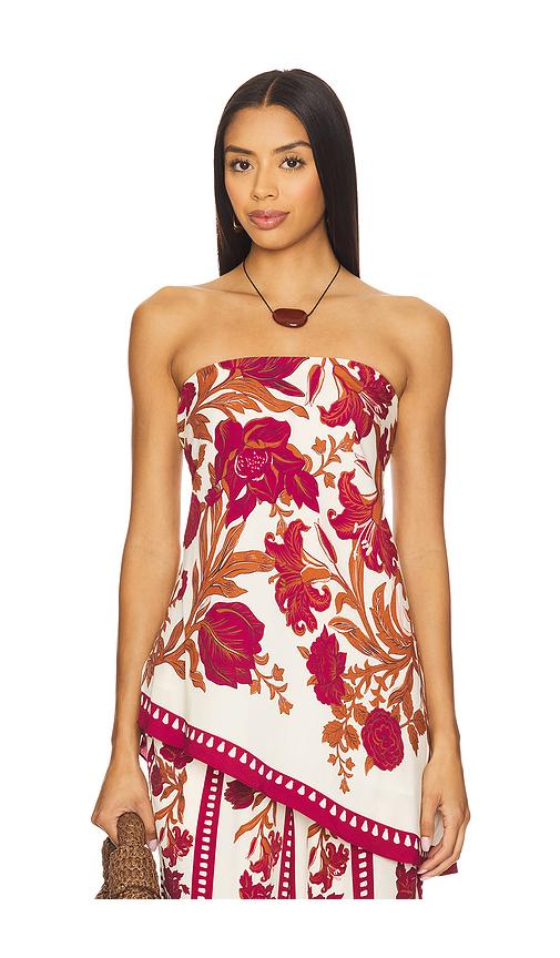 rococo sand asymmetrical strapless top in burgundy.