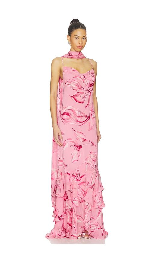 rococo sand cowl maxi dress with sash in blush.