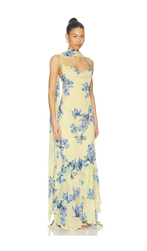 rococo sand cowl maxi dress with sash in lemon,blue.