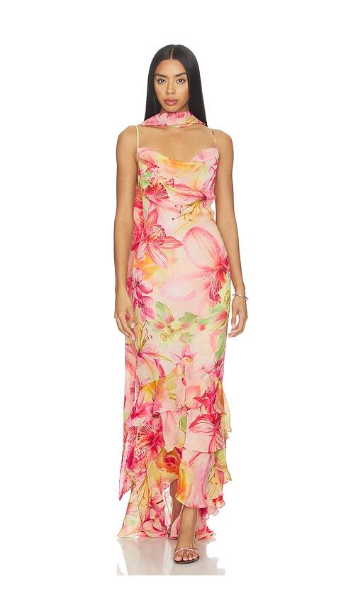 rococo sand cowl maxi dress with sash pink in pink.