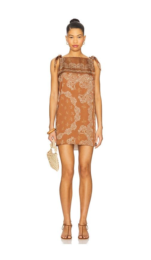 rococo sand knotted shoulder detail mini dress in brown.