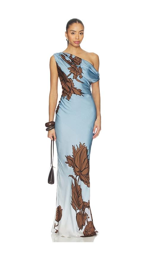 rococo sand one shoulder maxi dress in blue.
