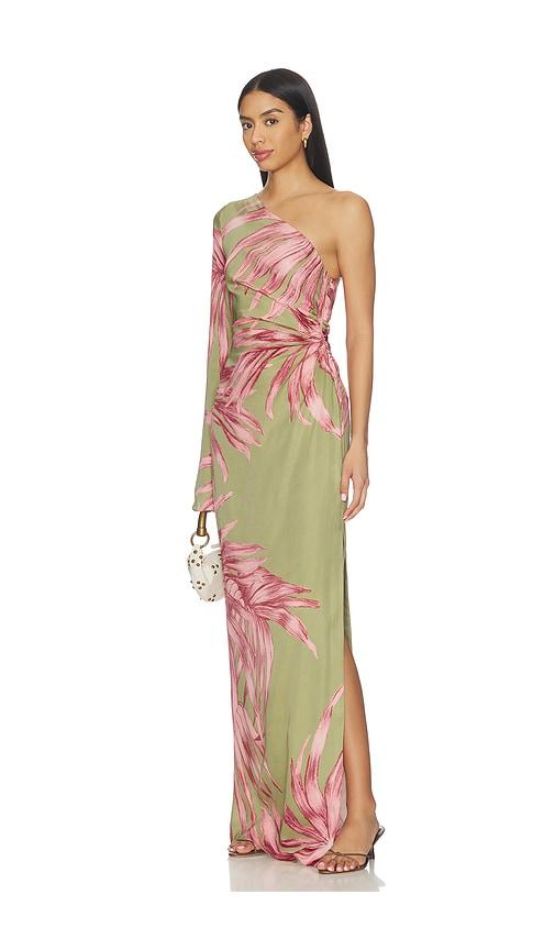 rococo sand one shoulder maxi dress in sage,pink.
