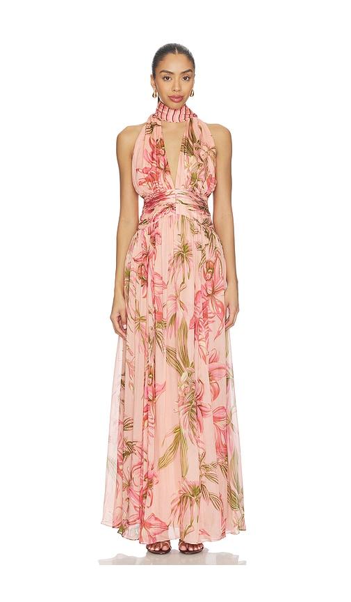 rococo sand ruched sash maxi dress in peach.