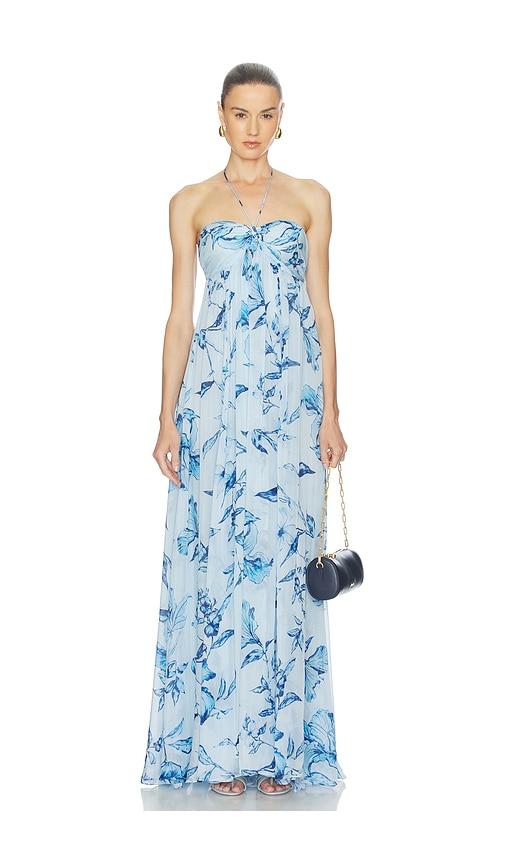 rococo sand strapless flared dress in blue.