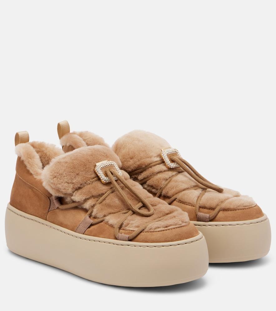 roger vivier viv' up embellished shearling and suede sneakers