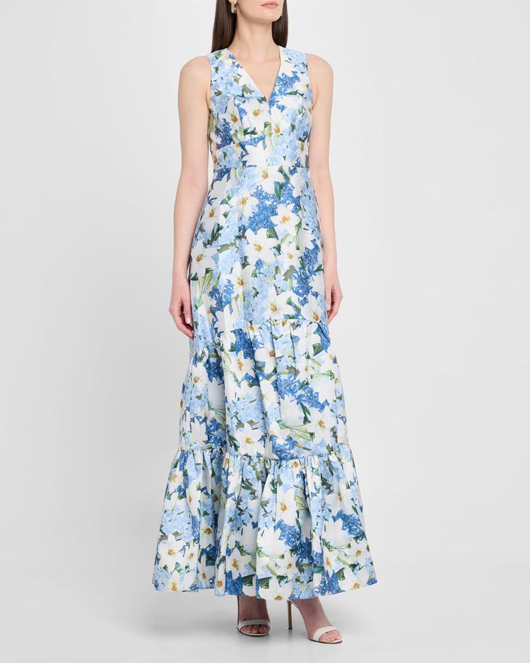 rori tiered floral-print mikado gown