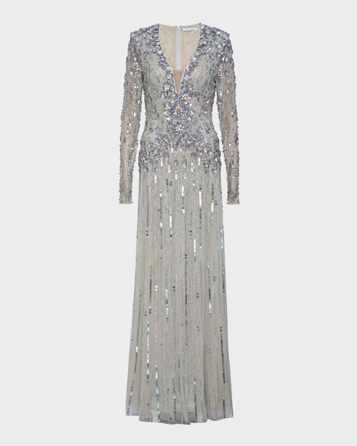 rosa plunging embellished long-sleeve gown
