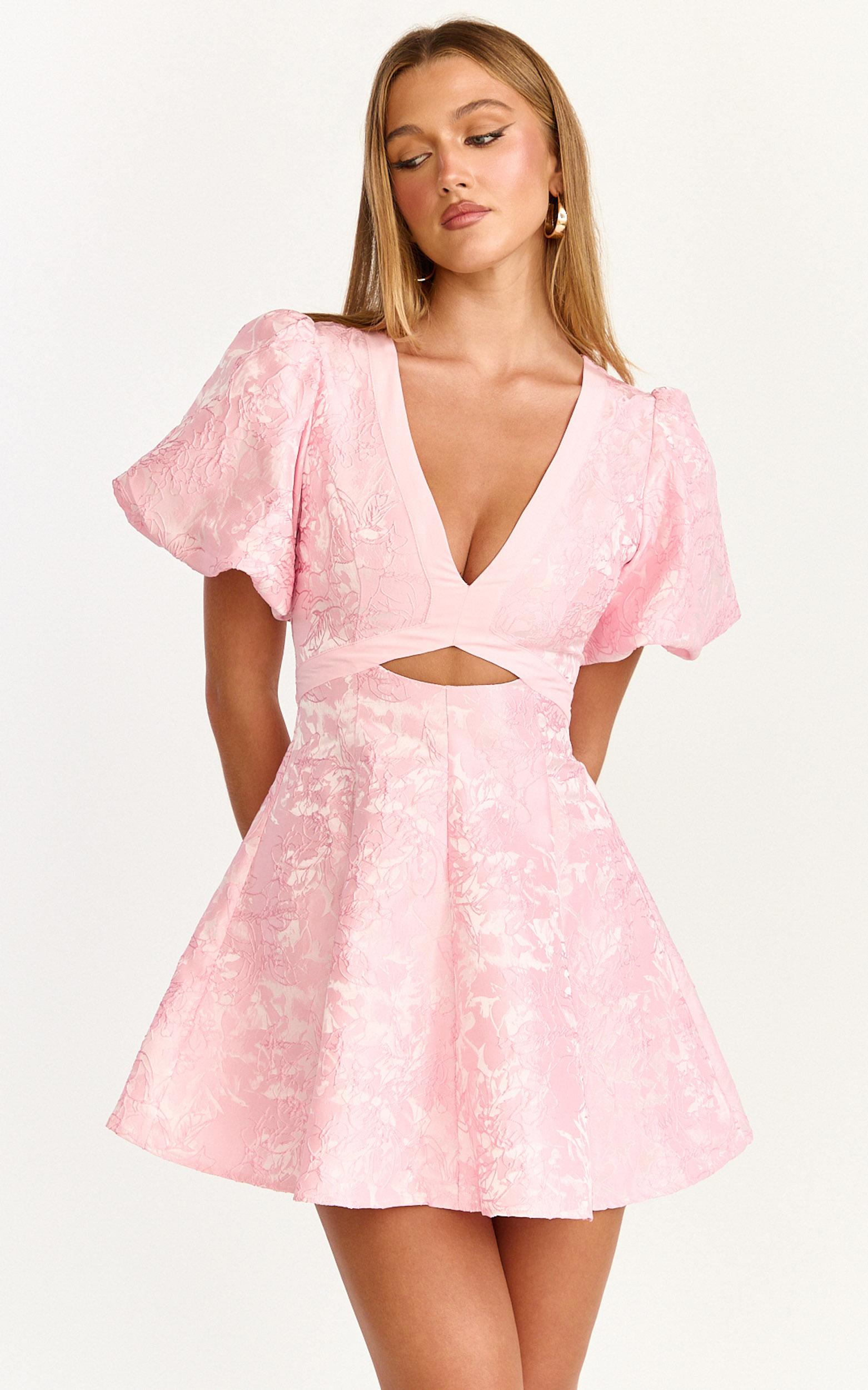 rosalie mini dress - floral jacquard v neck fit and flare dress in pink