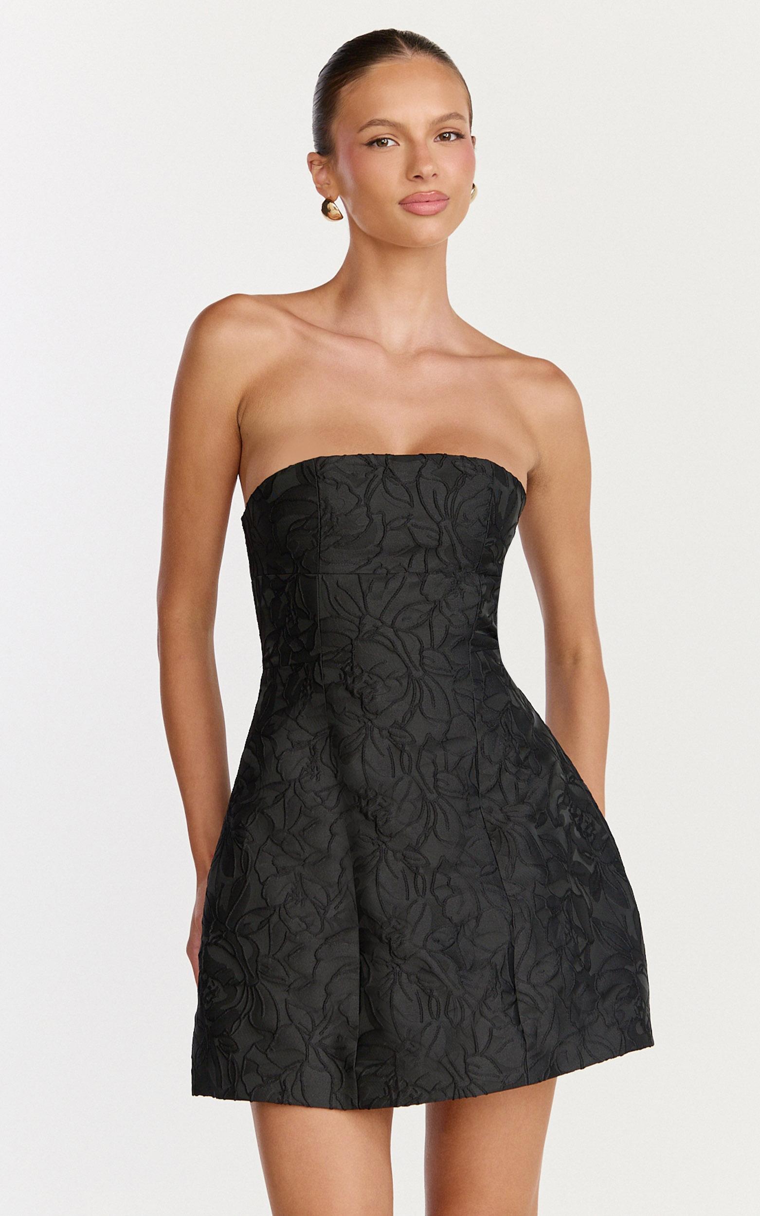 rosalie mini dress - strapless jacquard floral mini dress in black