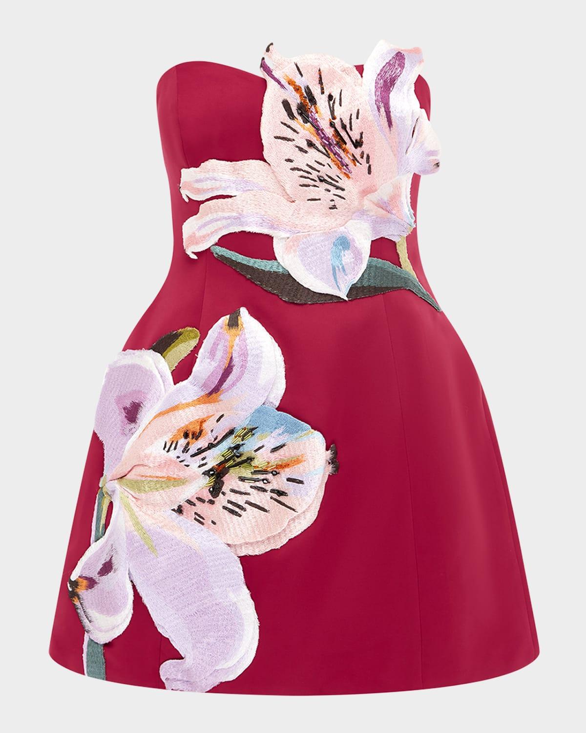 rosario strapless floral applique mini dress