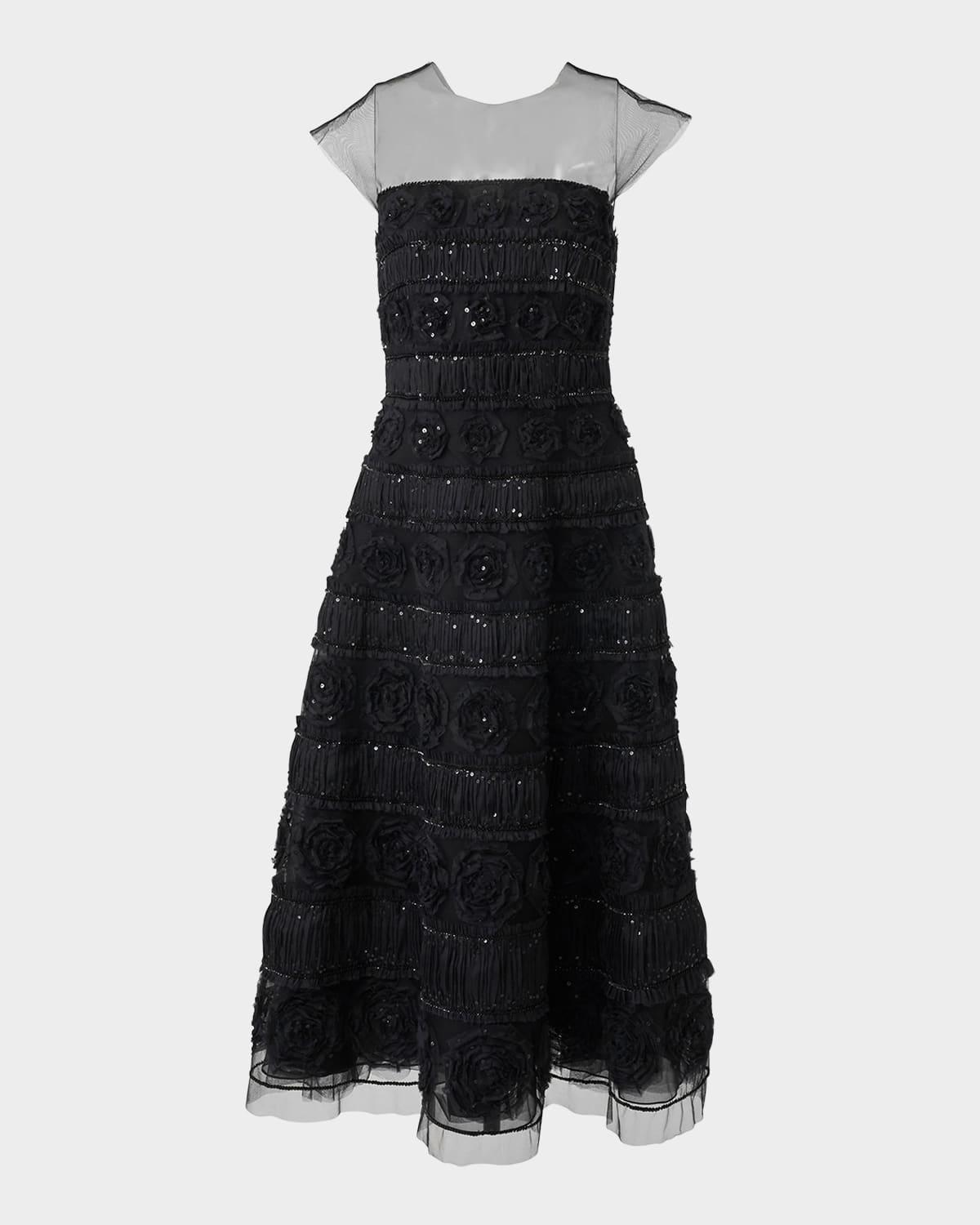 rose embroidered cap-sleeve illusion midi dress