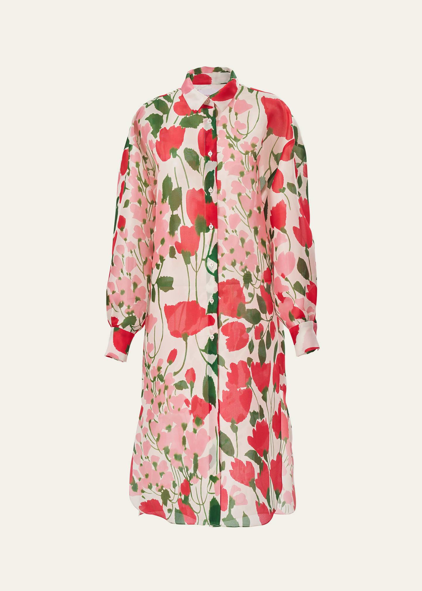 rose print oversized self-belt midi shirt dress
