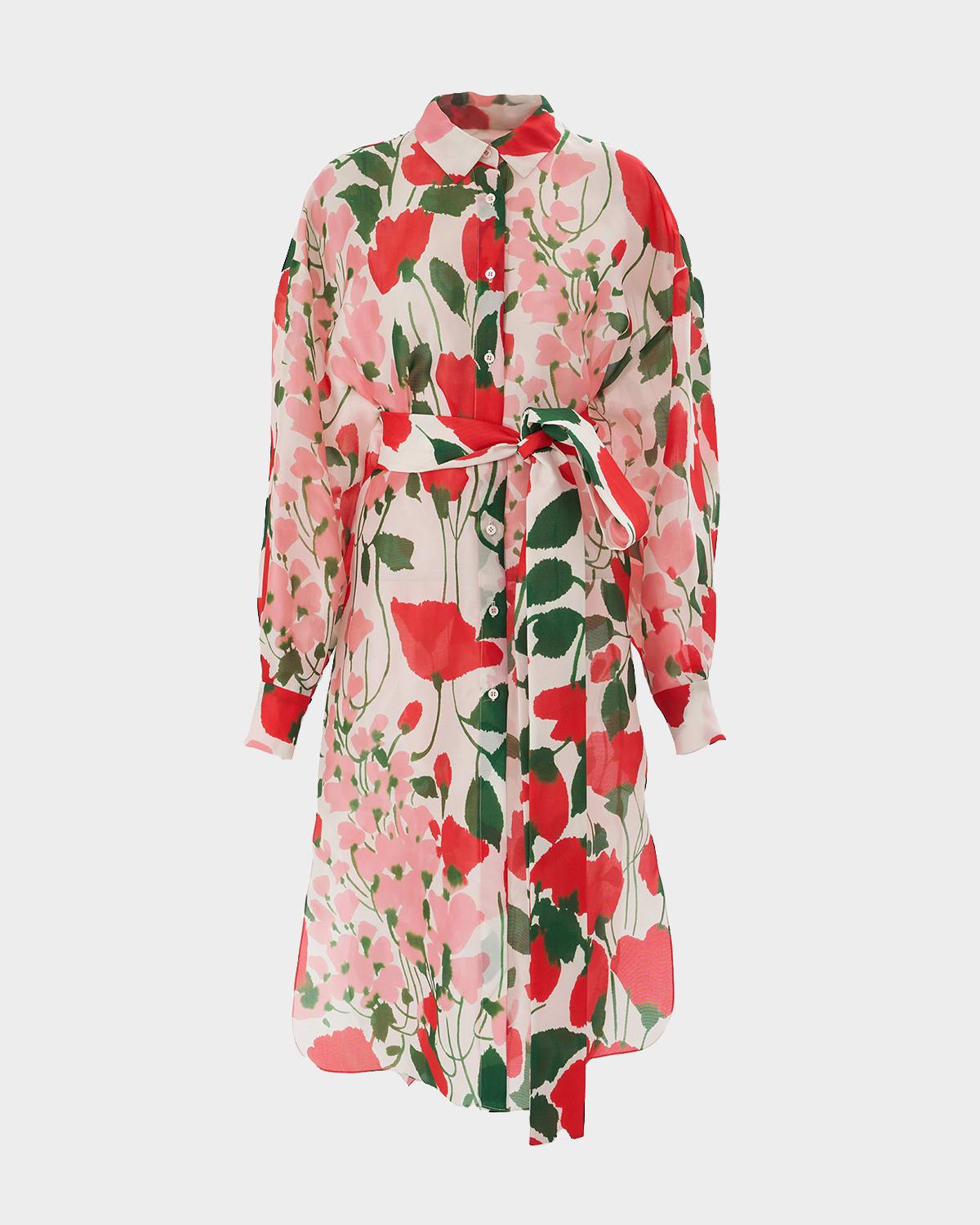 rose print oversized self-belt midi shirt dress