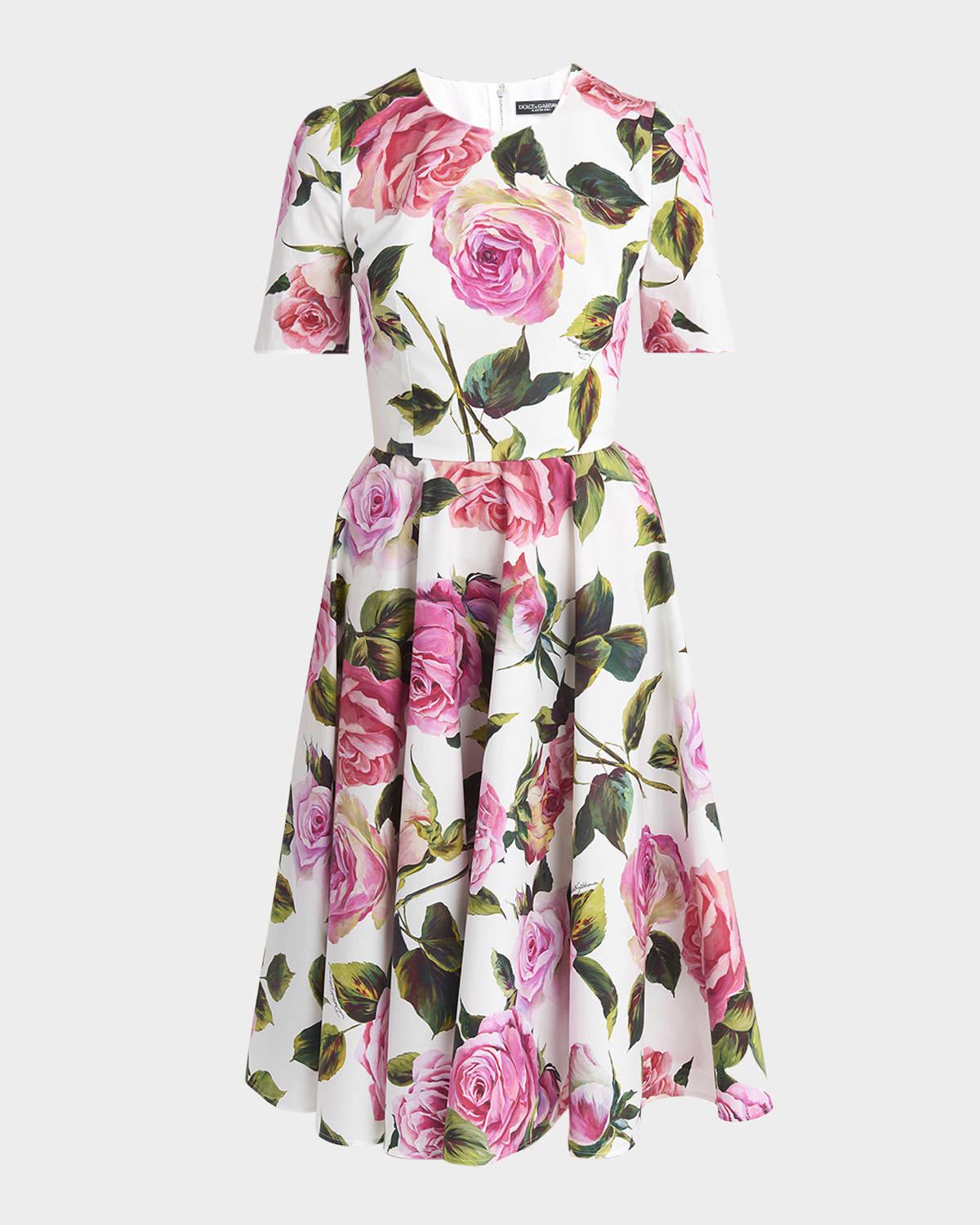 rose-print short-sleeve fit-&-flare midi dress