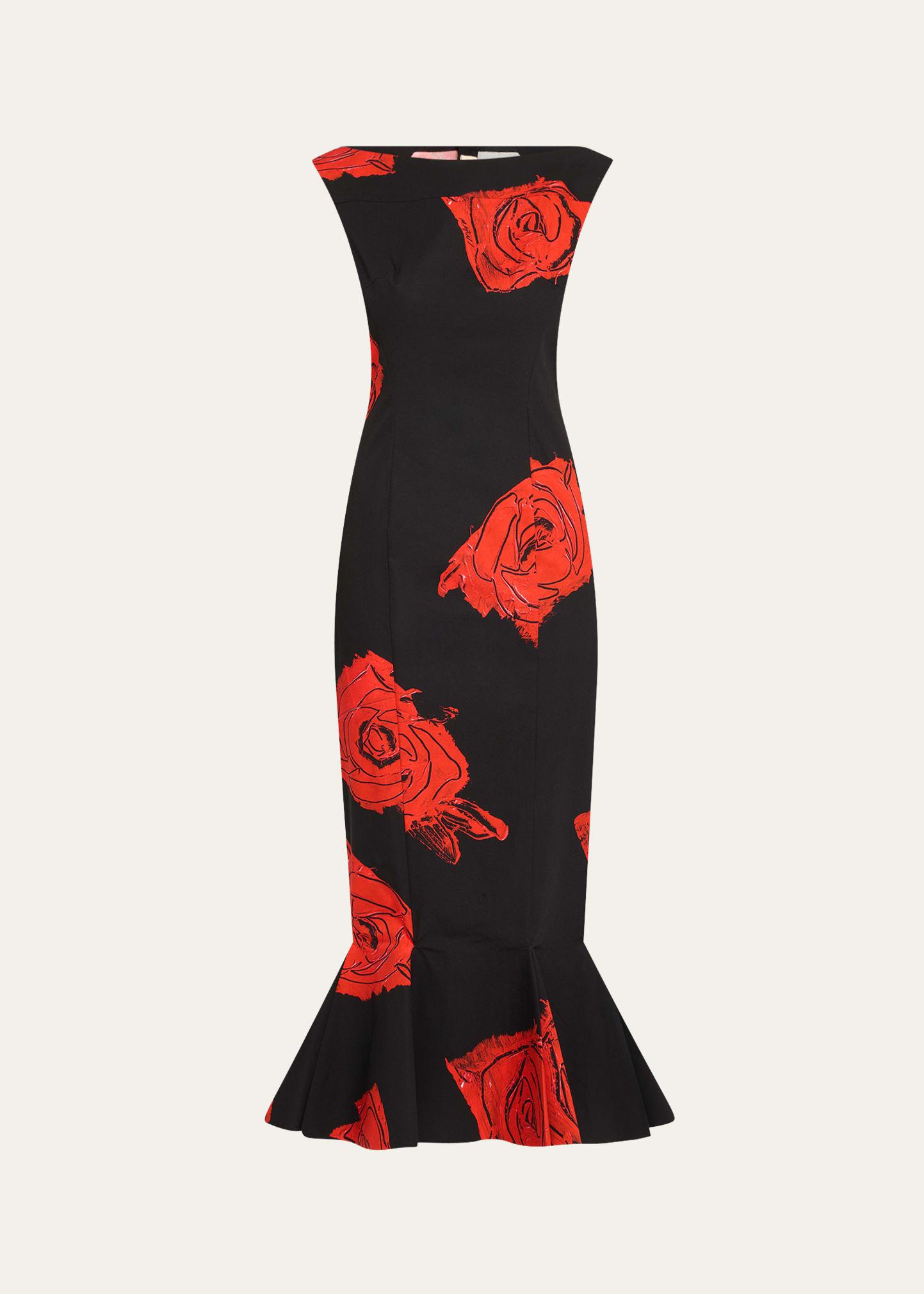 rose-print sleeveless fit-&-flare midi dress