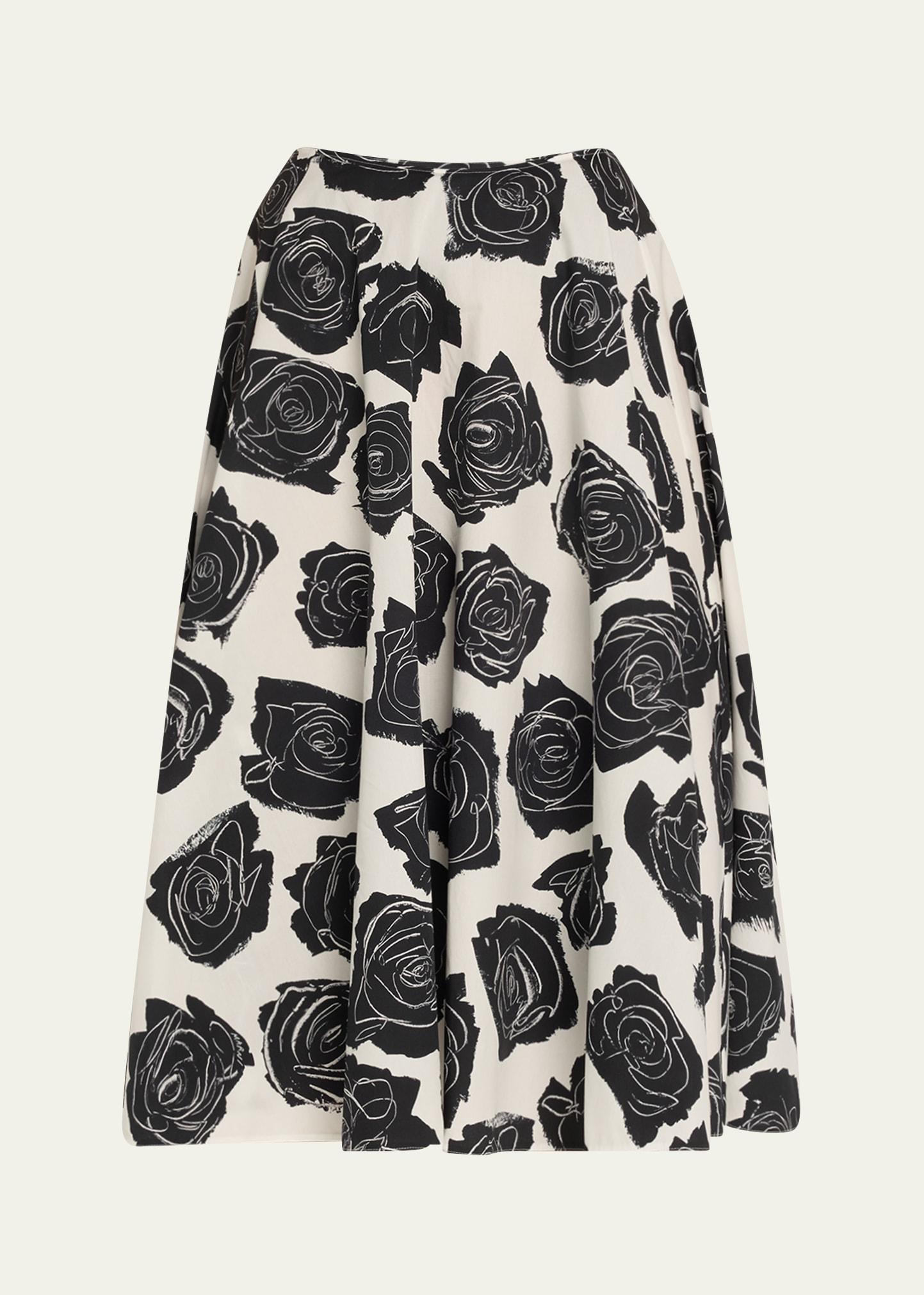 rose-printed flare midi skirt
