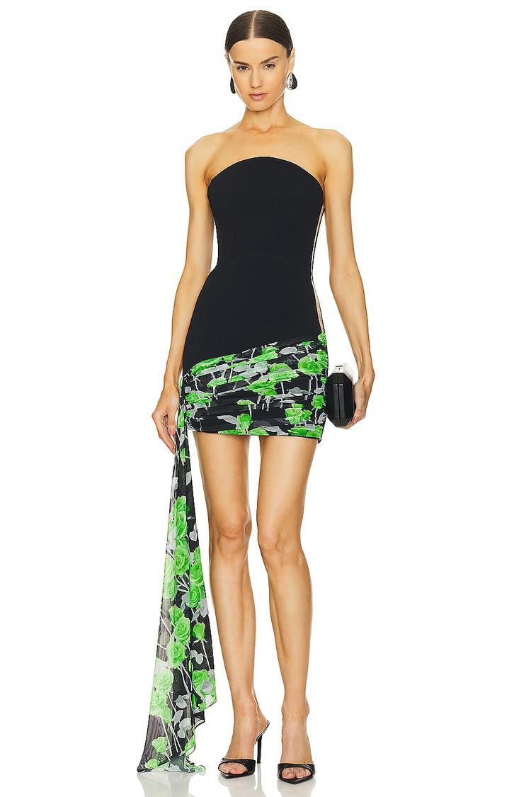 rose printed strapless mini dress