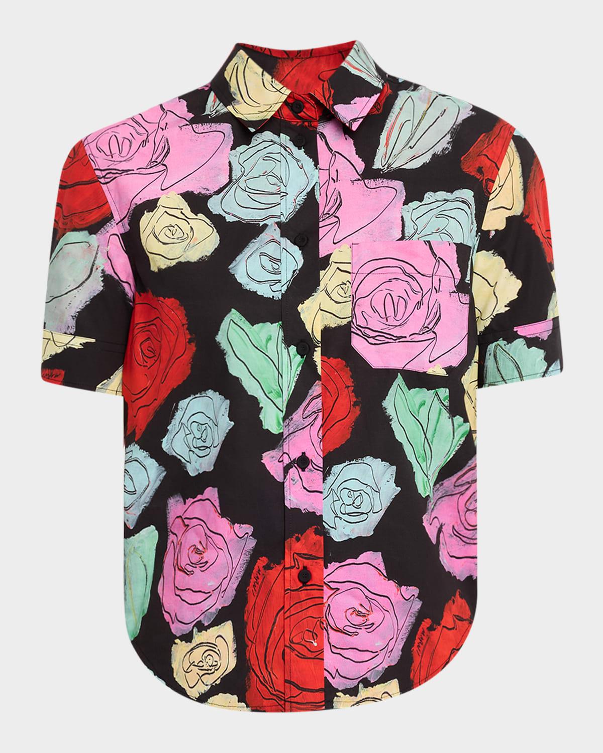 rose scribble-print short-sleeve collared shirt