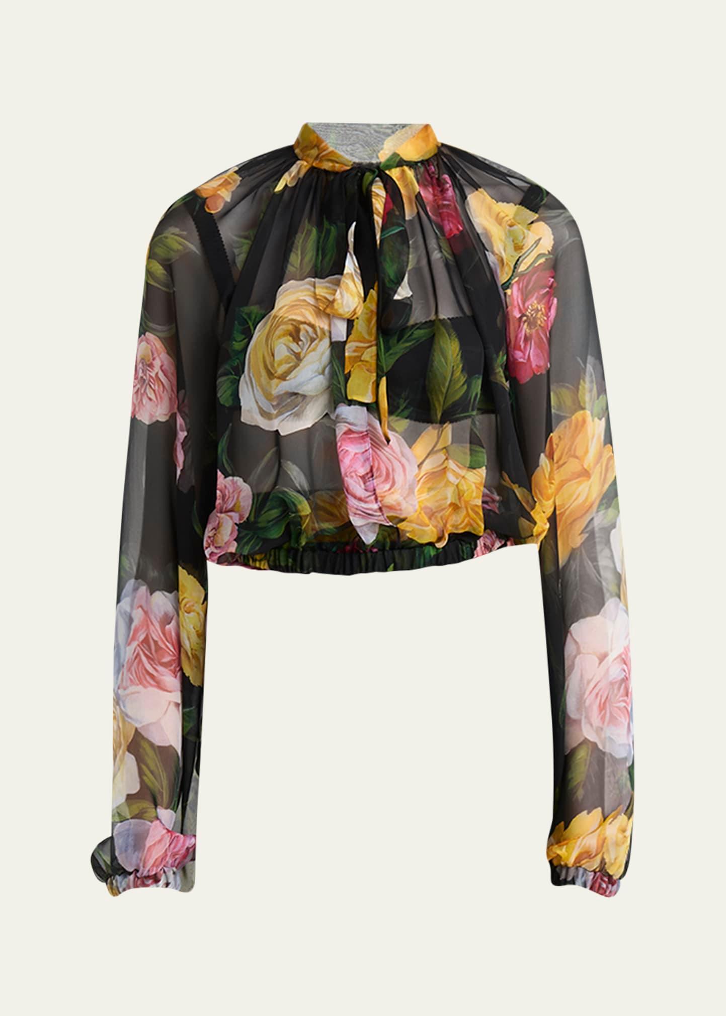 rose tie-neck chiffon cropped blouse