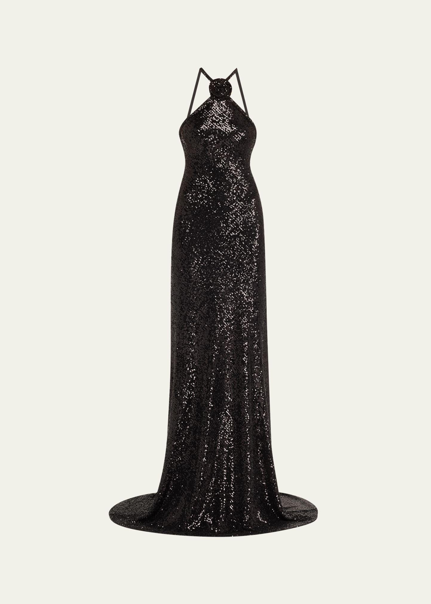 rosette sequin backless halter gown