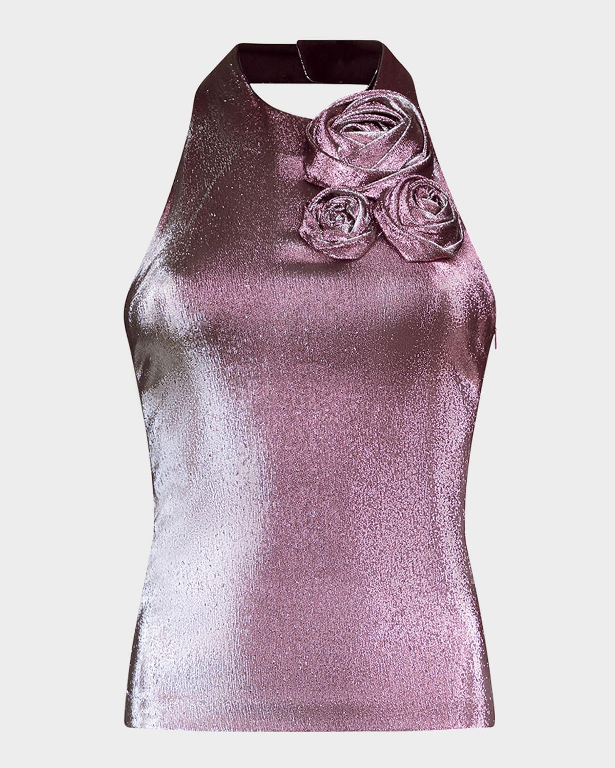 rosette stretch lame halter top