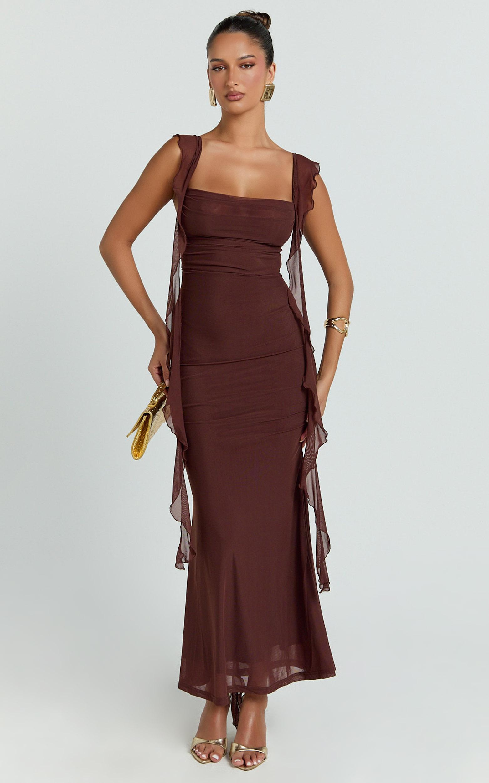 rosha maxi dress - ruffle strap dress in chocolate