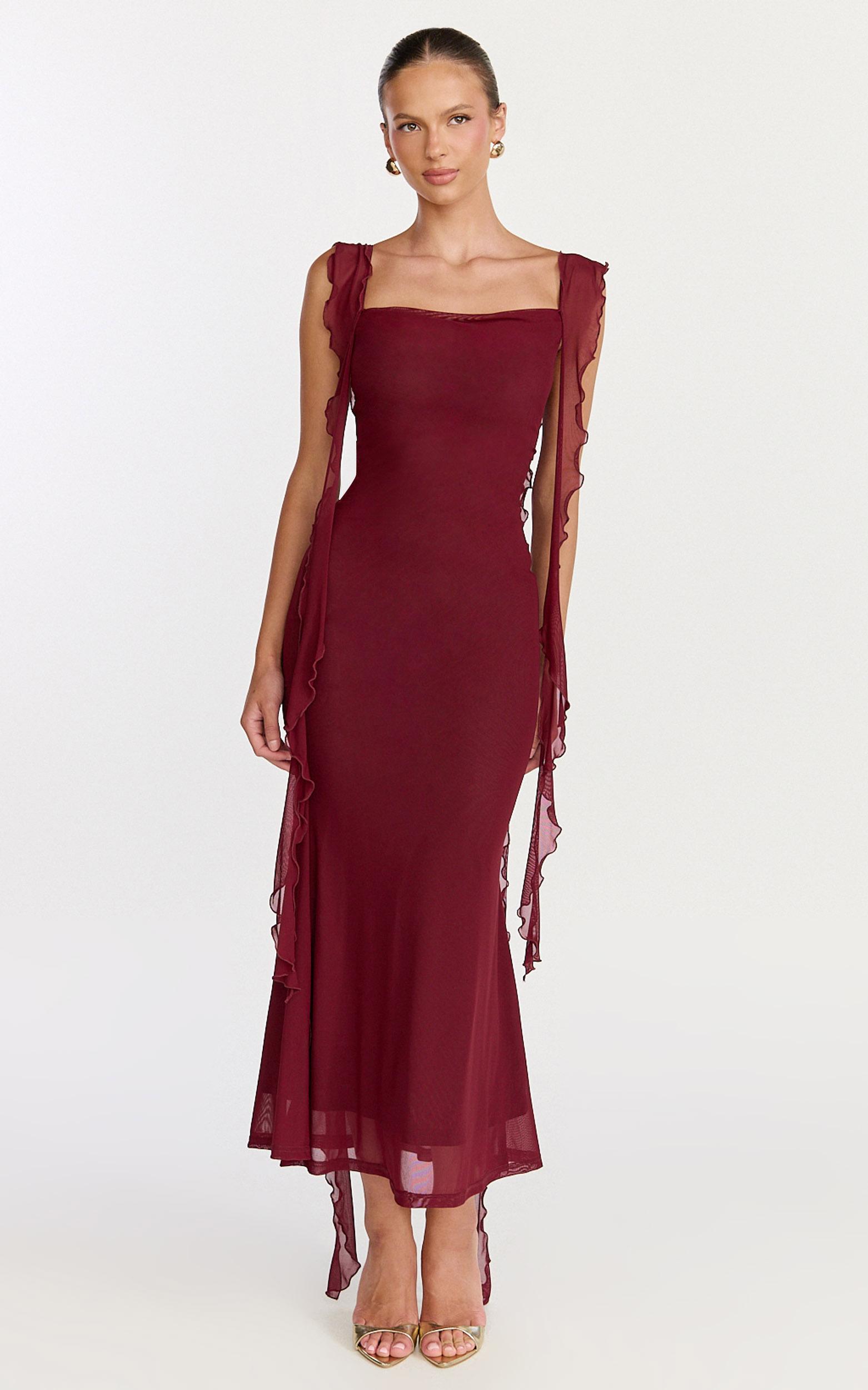 rosha midi dress - ruffle strap dress in wine