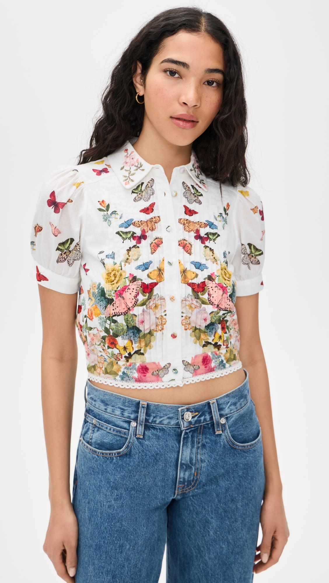 rosie embroidered puff sleeve cropped button down blouse