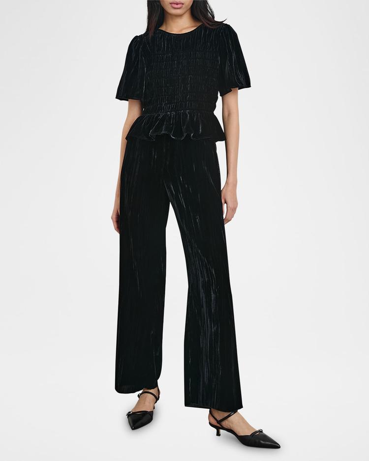 rosie smocked peplum-hem velvet blouse
