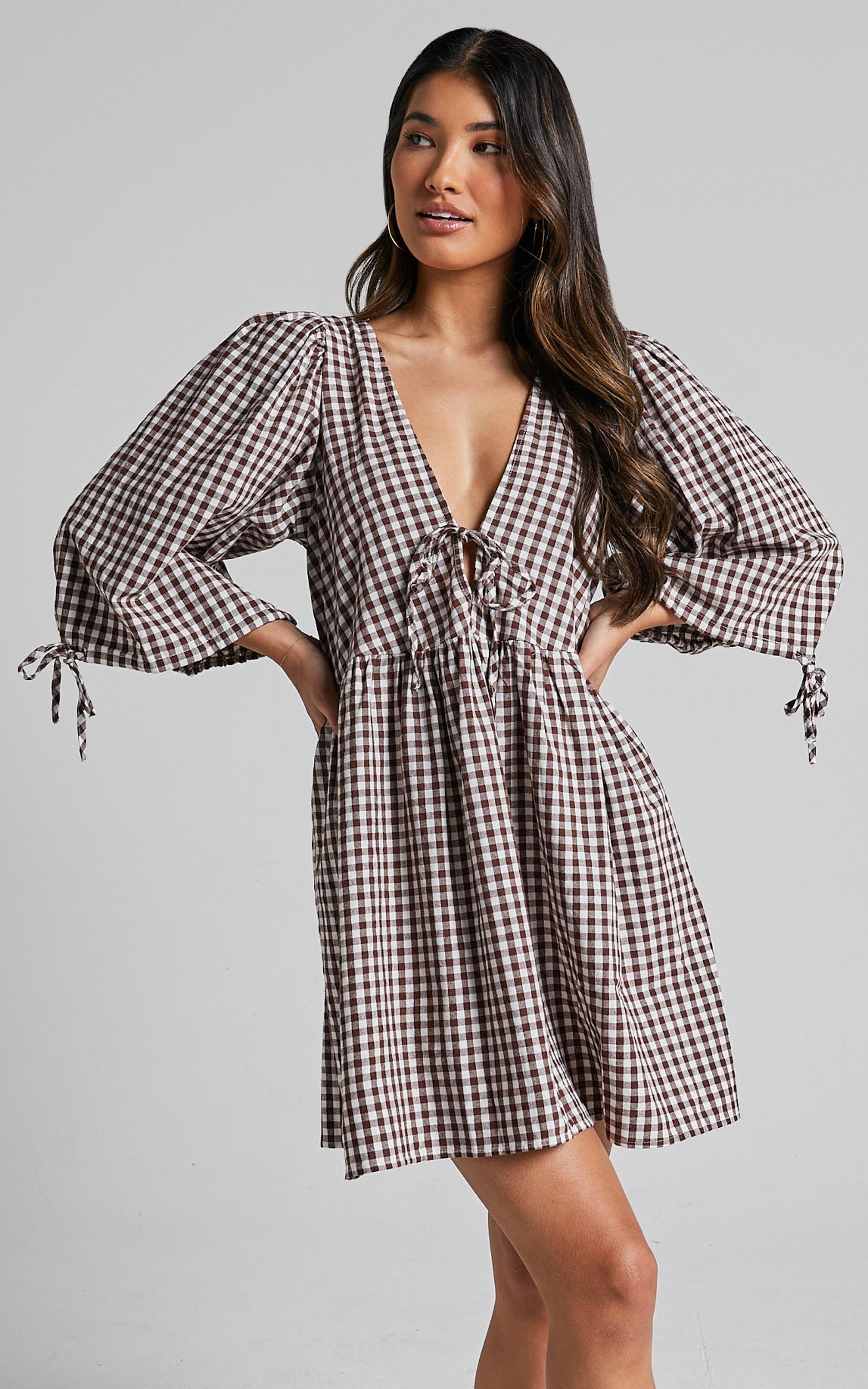 rosita mini dress - tie front puff sleeve dress in brown and white check