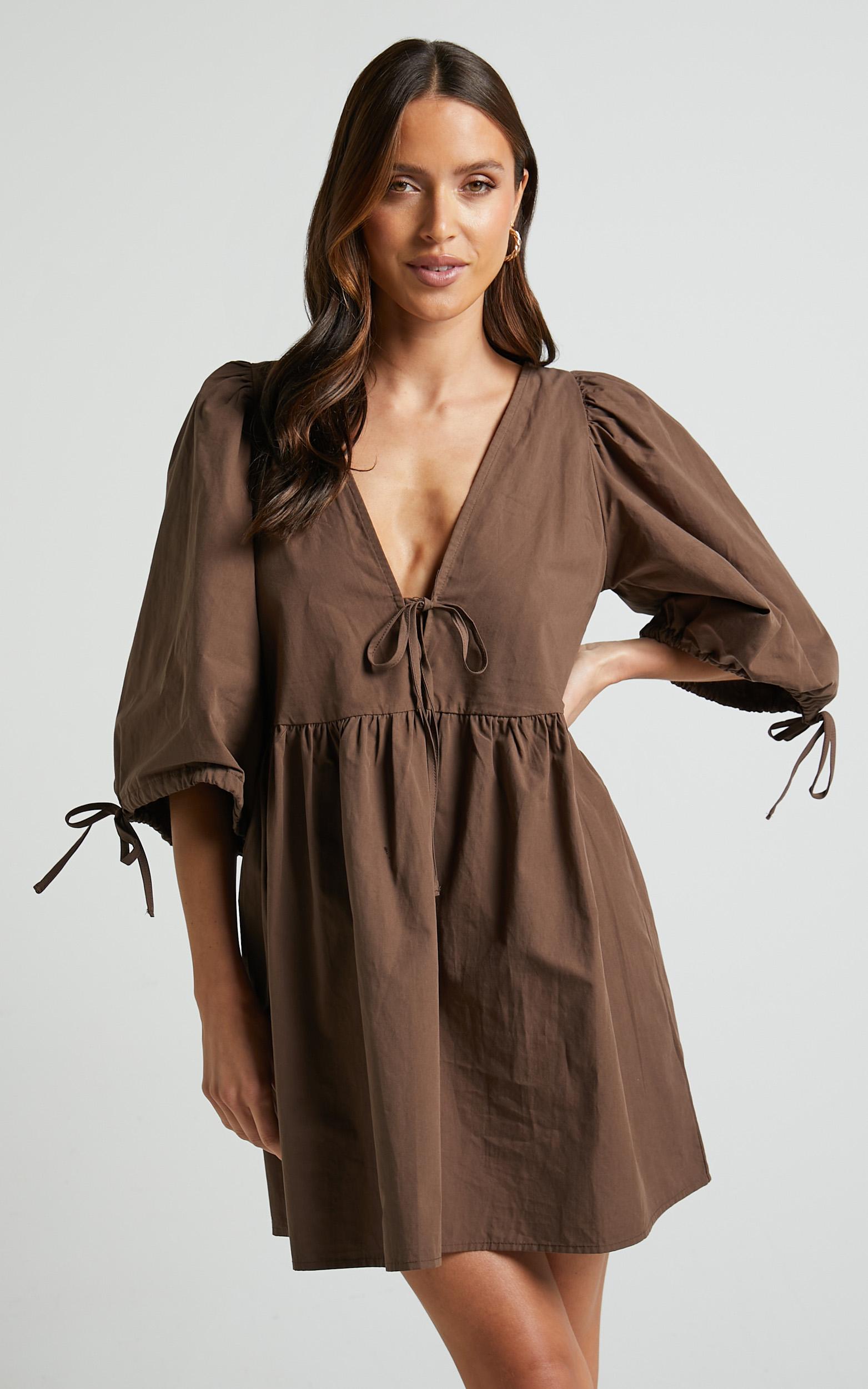 rosita mini dress - tie front puff sleeve dress in chocolate