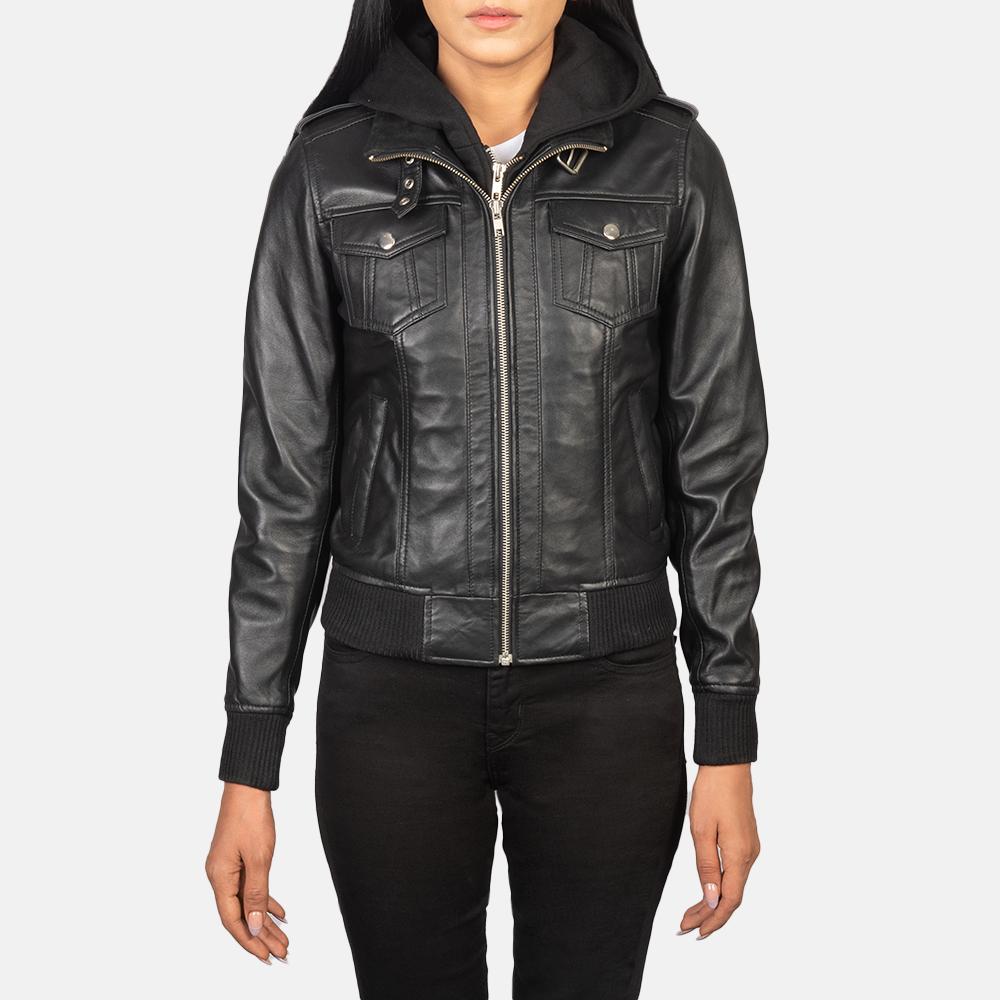 roslyn black hooded leather bomber jacket