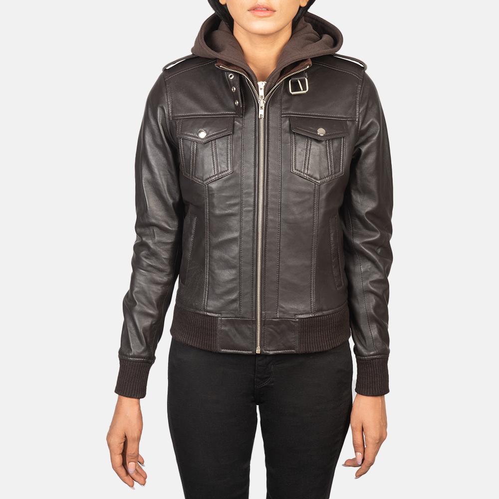 roslyn brown hooded leather bomber jacket