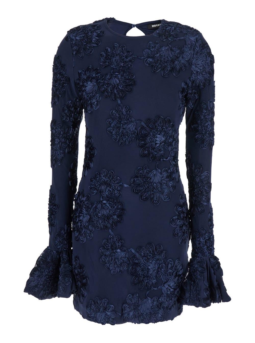 rotate by birger christensen blue dress with mesh inserts and embossed flowers in fabric woman