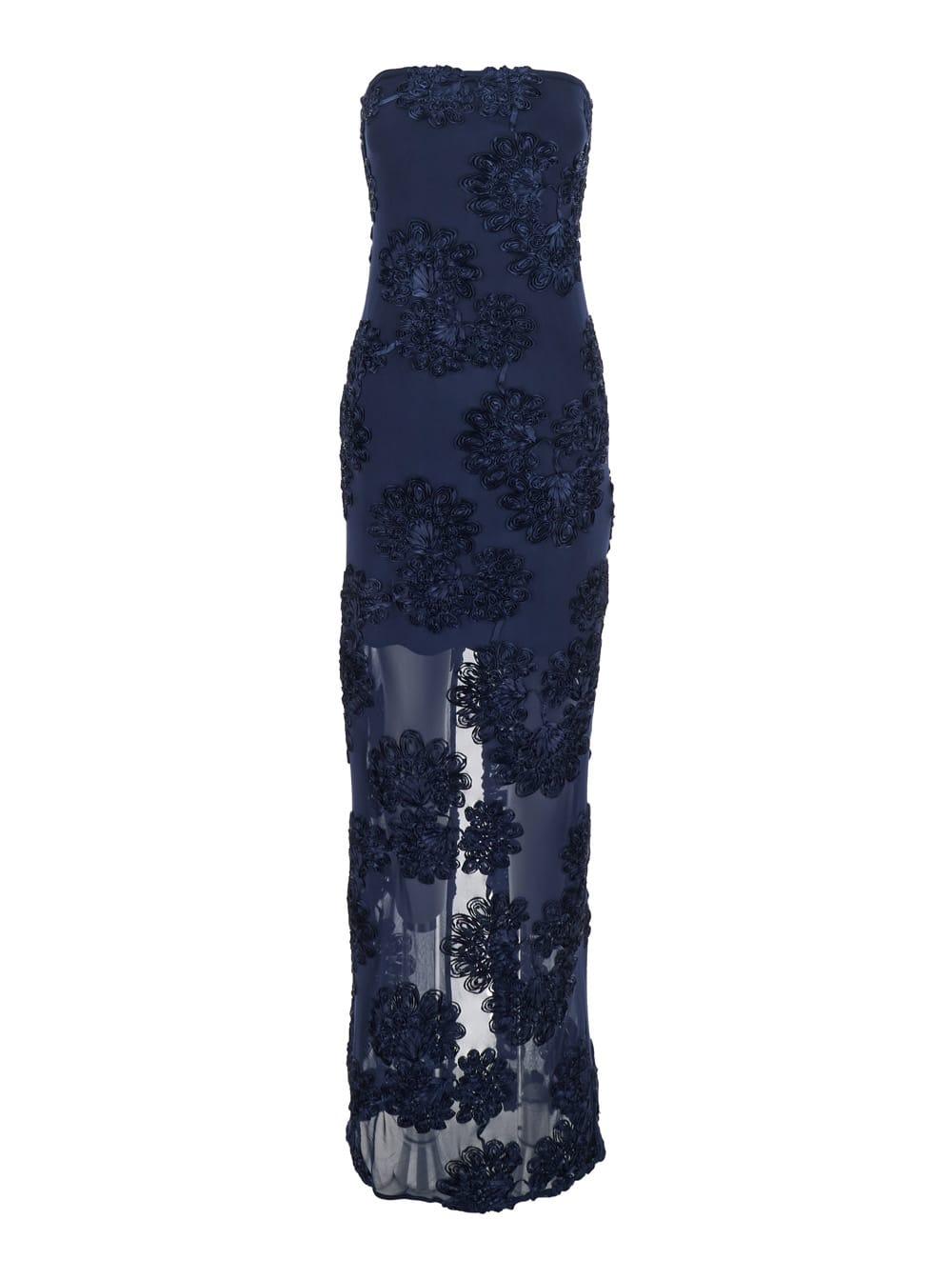 rotate by birger christensen blue long dress with floral embellishment in fabric woman