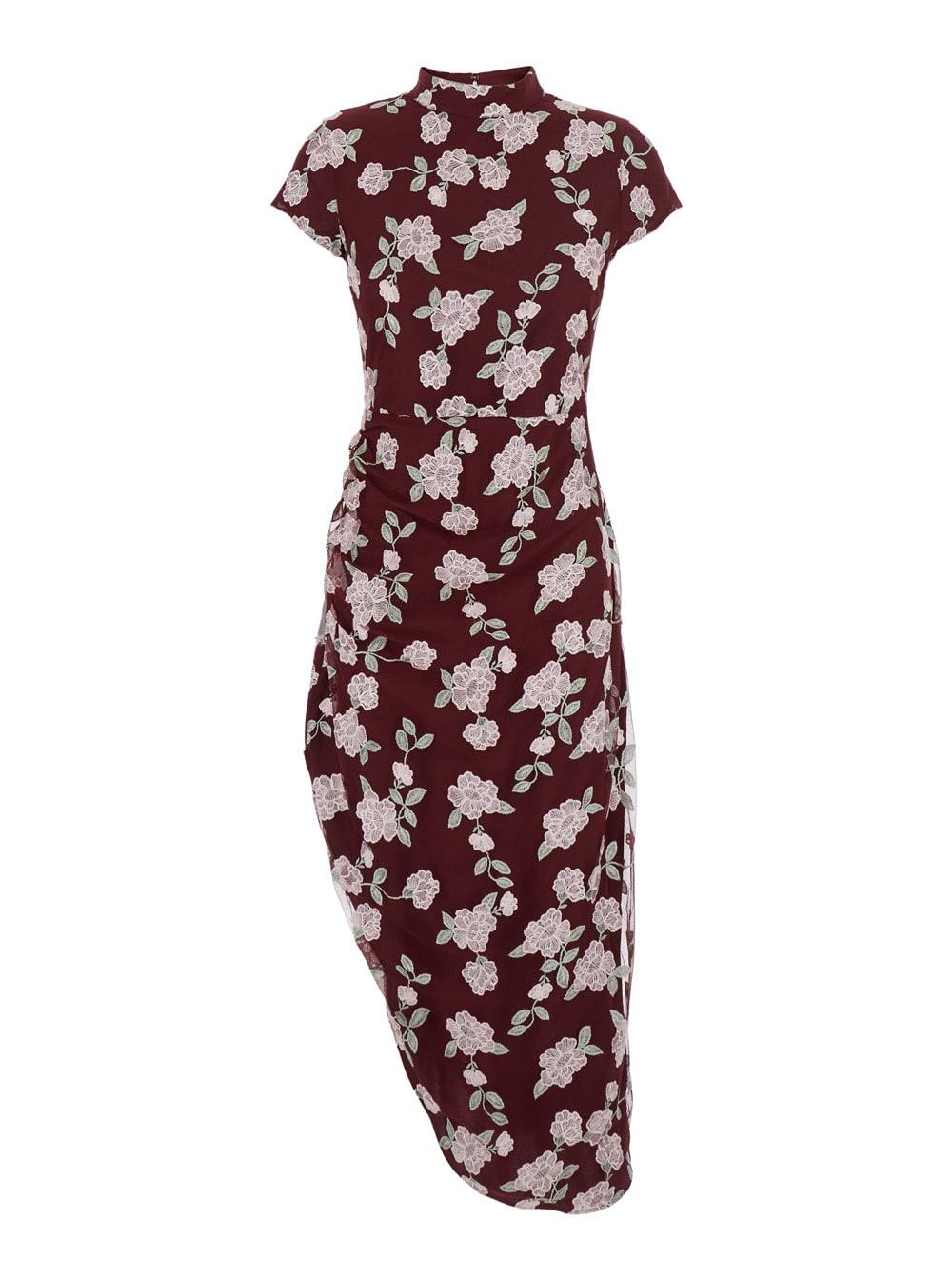 rotate by birger christensen bordeaux dress with all-over floral embroidery in fabric woman