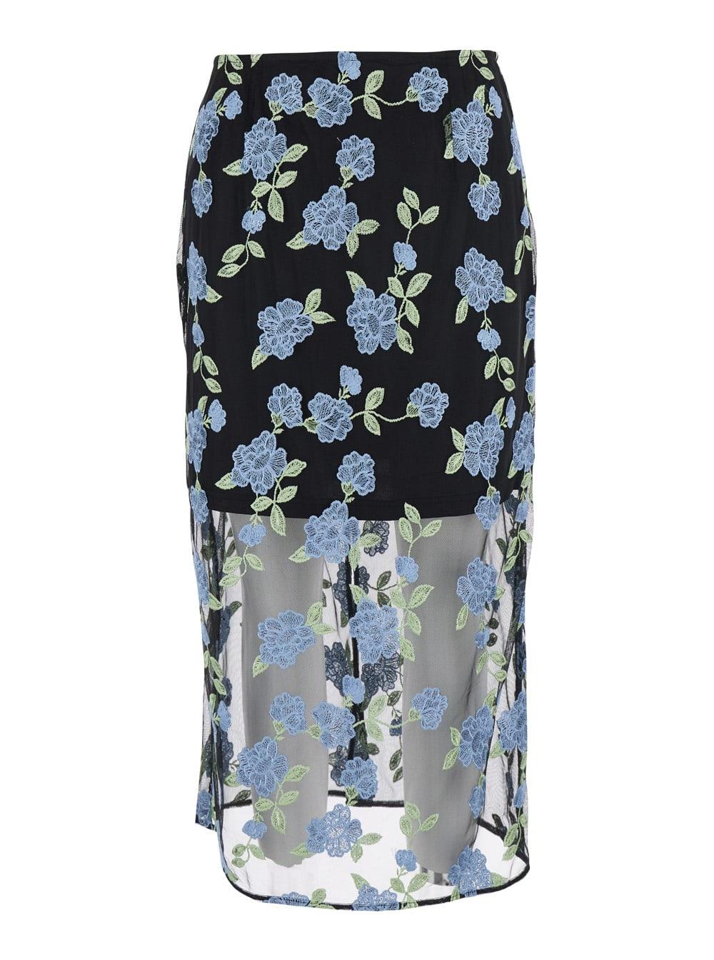 rotate by birger christensen pencil skirt with mesh panels and all-over floral motif in tech fabric