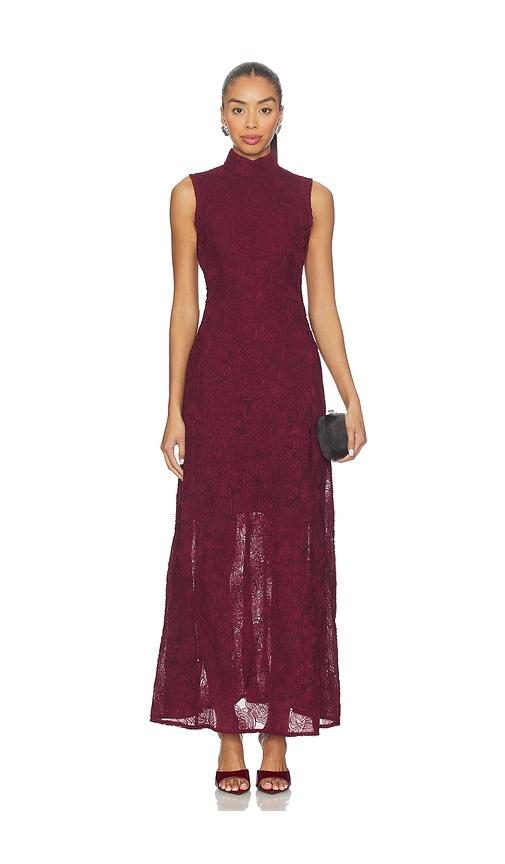 rotate flower mesh maxi dress in burgundy.
