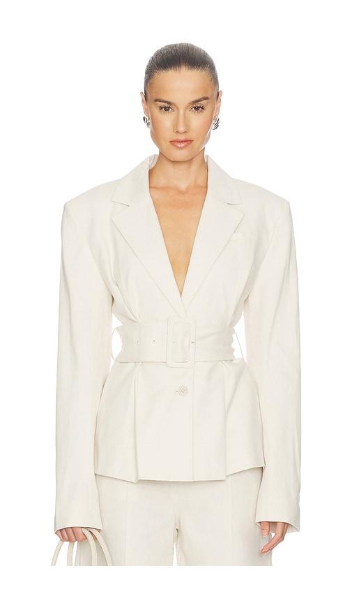 rotate linen suiting blazer in cream.