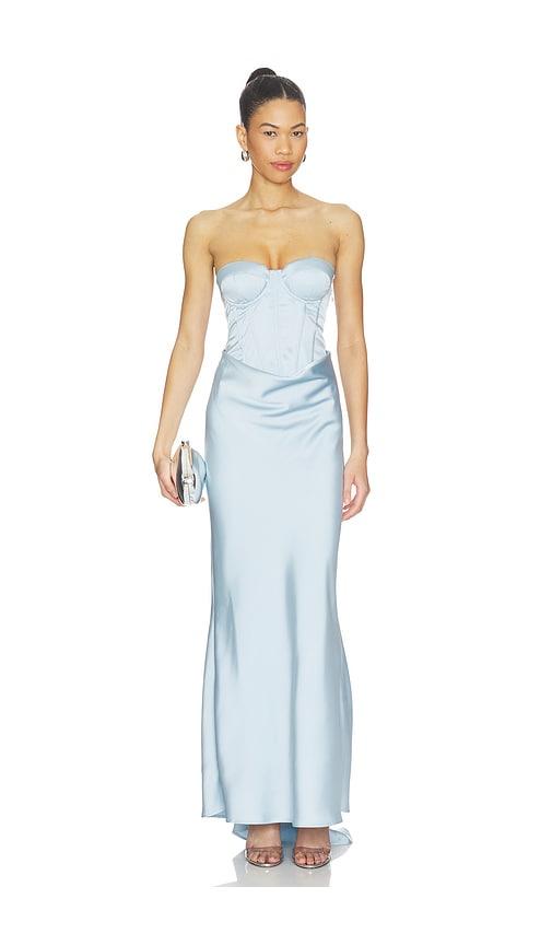 rotate satin corset maxi dress in baby blue.