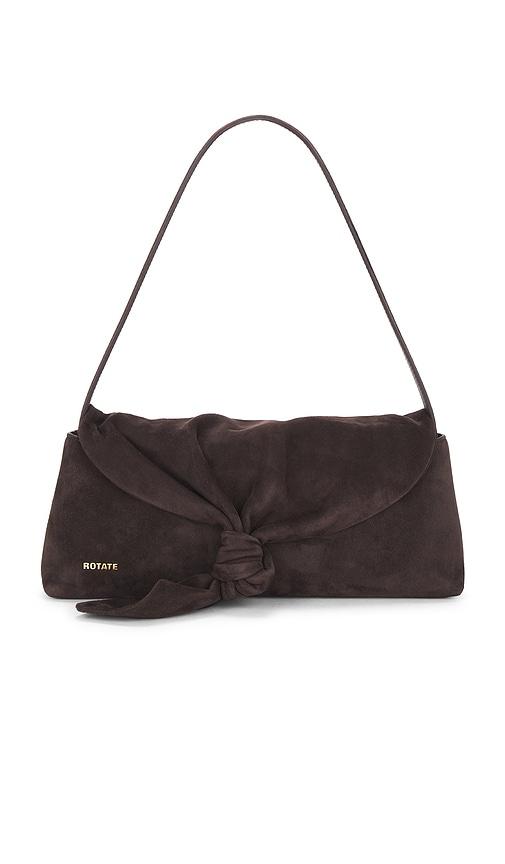 rotate suede knot scarf bag in chocolate.