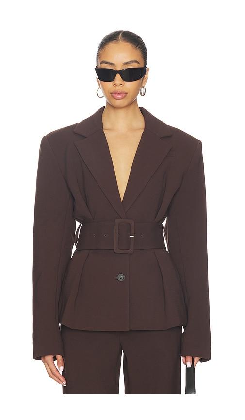rotate suiting belted blazer in chocolate.