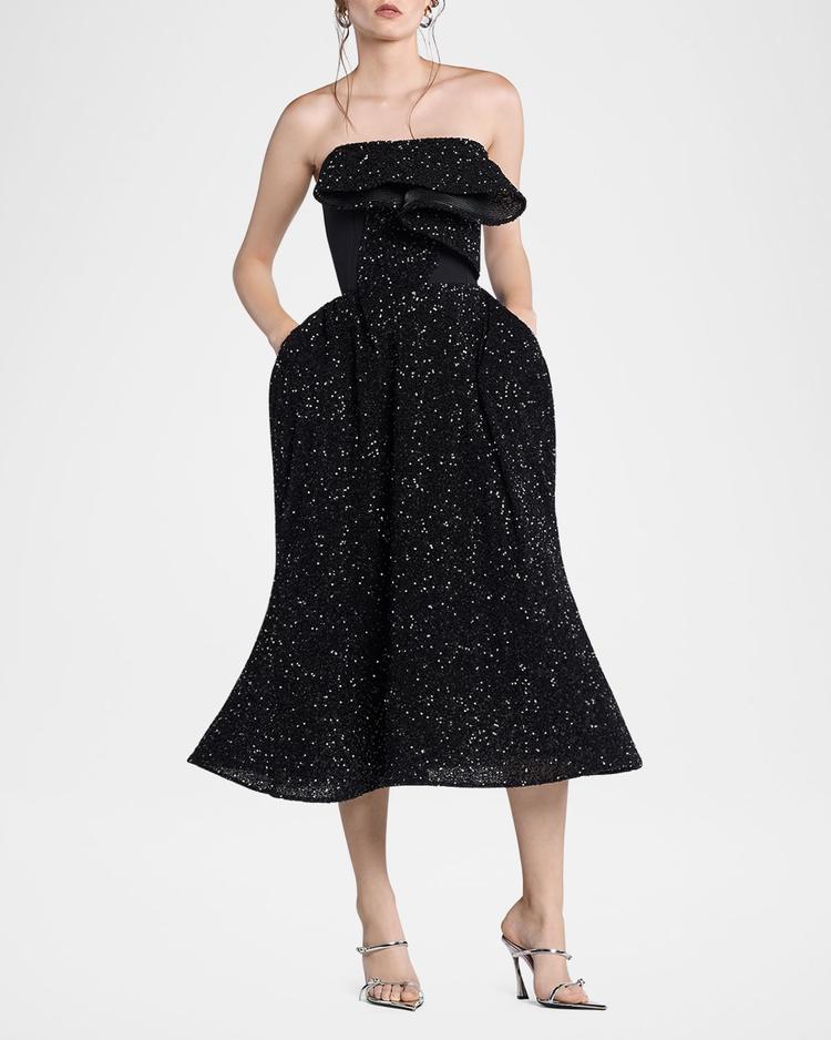 rotation strapless ruffle sequined midi dress
